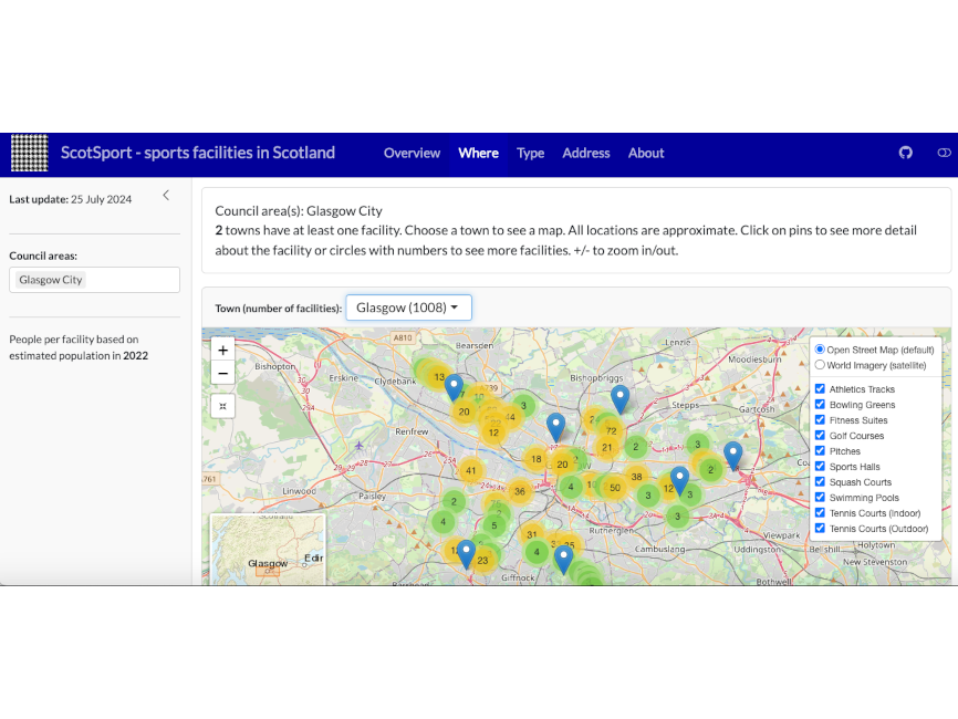 Scotsport map example showing Glasgow City Council and the sport facilities in Glasgow